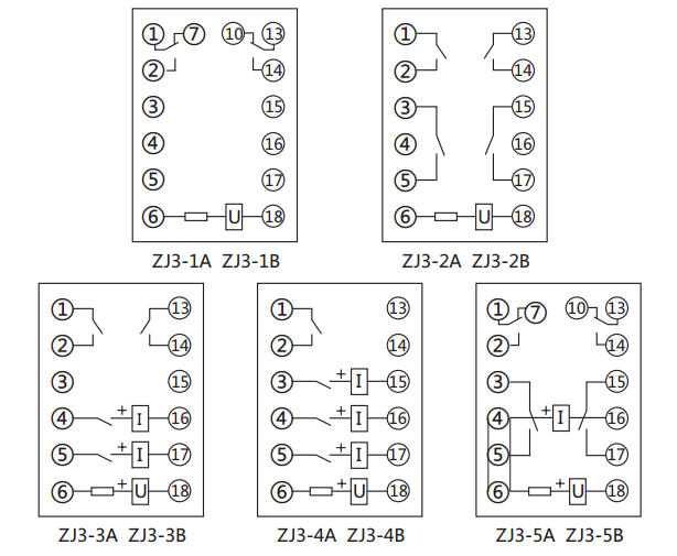 ZJ3-4B快速中間繼電器內部接線圖及外引接線圖(正視圖)