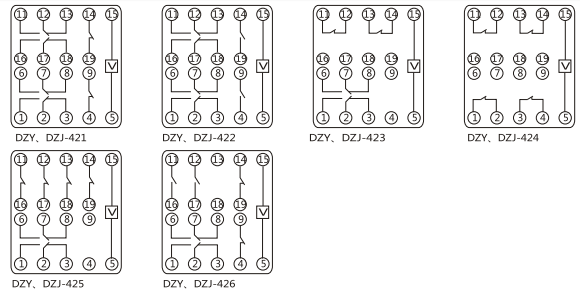 DZY（J)-425導軌式中間繼電器內(nèi)部端子外引接線圖(正視)